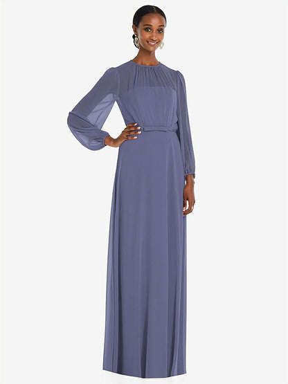【NEW】【STYLE: 3098】ストラップレス シフォン マキシ ドレス パフ付き スリーブ ブルーソン オーバーレイ 【COLOR: French Blue】【SIZE: 00-30W】