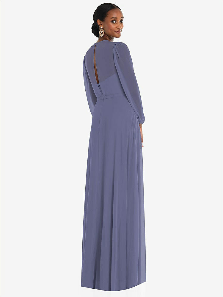【NEW】【STYLE: 3098】ストラップレス シフォン マキシ ドレス パフ付き スリーブ ブルーソン オーバーレイ 【COLOR: French Blue】【SIZE: 00-30W】