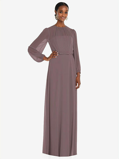 【STYLE: 3098】Strapless Chiffon Maxi Dress with Puff Sleeve Blouson Overlay 【COLOR: French Truffle】
