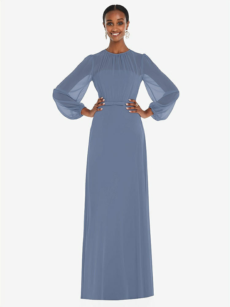 【NEW】【STYLE: 3098】ストラップレス シフォン マキシ ドレス パフ付き スリーブ ブルーソン オーバーレイ 【COLOR: Larkspur Blue】【SIZE: 00-30W】