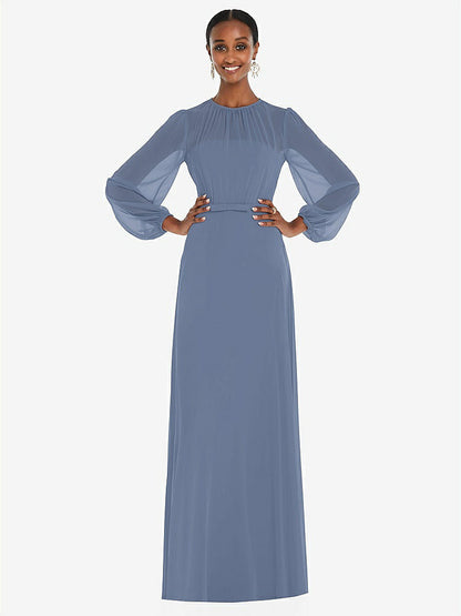 【NEW】【STYLE: 3098】ストラップレス シフォン マキシ ドレス パフ付き スリーブ ブルーソン オーバーレイ 【COLOR: Larkspur Blue】【SIZE: 00-30W】
