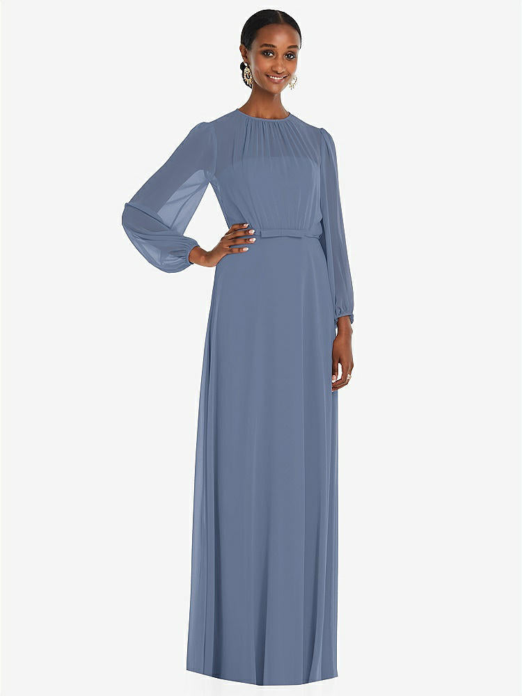 【NEW】【STYLE: 3098】ストラップレス シフォン マキシ ドレス パフ付き スリーブ ブルーソン オーバーレイ 【COLOR: Larkspur Blue】【SIZE: 00-30W】