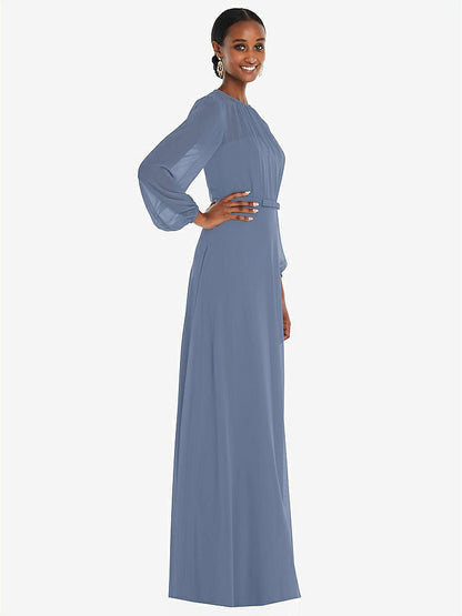 【NEW】【STYLE: 3098】ストラップレス シフォン マキシ ドレス パフ付き スリーブ ブルーソン オーバーレイ 【COLOR: Larkspur Blue】【SIZE: 00-30W】