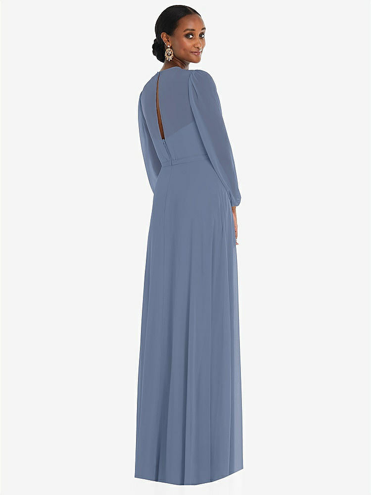 【NEW】【STYLE: 3098】ストラップレス シフォン マキシ ドレス パフ付き スリーブ ブルーソン オーバーレイ 【COLOR: Larkspur Blue】【SIZE: 00-30W】