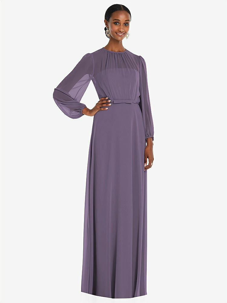 【NEW】【STYLE: 3098】ストラップレス シフォン マキシ ドレス パフ付き スリーブ ブルーソン オーバーレイ 【COLOR: Lavender】【SIZE: 00-30W】