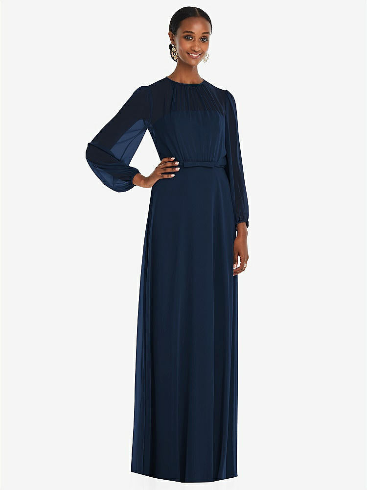 【NEW】【STYLE: 3098】ストラップレス シフォン マキシ ドレス パフ付き スリーブ ブルーソン オーバーレイ 【COLOR: Midnight Navy】【SIZE: 00-30W】