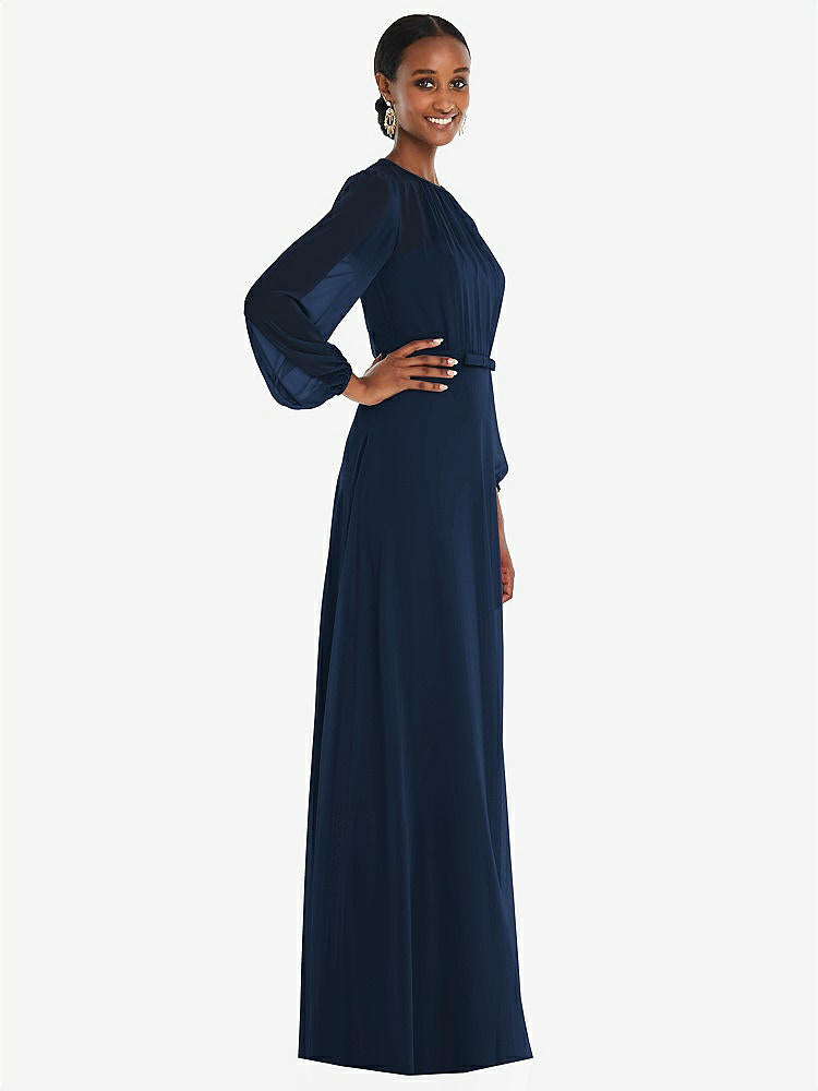 【NEW】【STYLE: 3098】ストラップレス シフォン マキシ ドレス パフ付き スリーブ ブルーソン オーバーレイ 【COLOR: Midnight Navy】【SIZE: 00-30W】