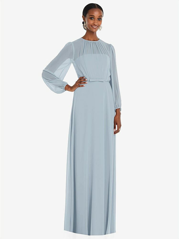【NEW】【STYLE: 3098】ストラップレス シフォン マキシ ドレス パフ付き スリーブ ブルーソン オーバーレイ 【COLOR: Mist】【SIZE: 00-30W】