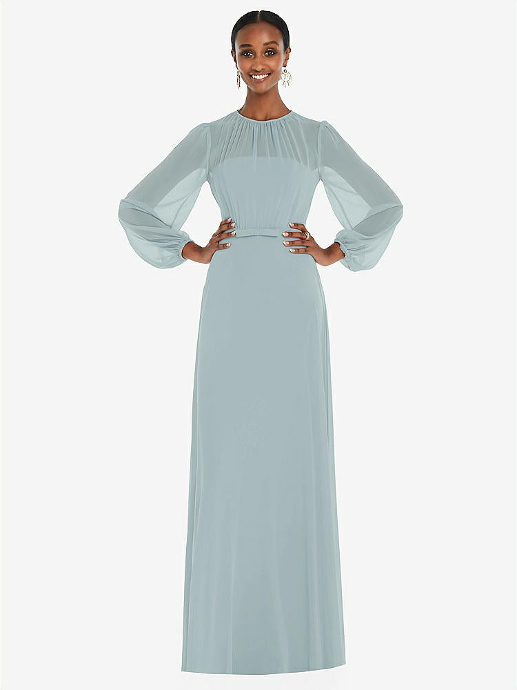 【NEW】【STYLE: 3098】ストラップレス シフォン マキシ ドレス パフ付き スリーブ ブルーソン オーバーレイ 【COLOR: Morning Sky】【SIZE: 00-30W】