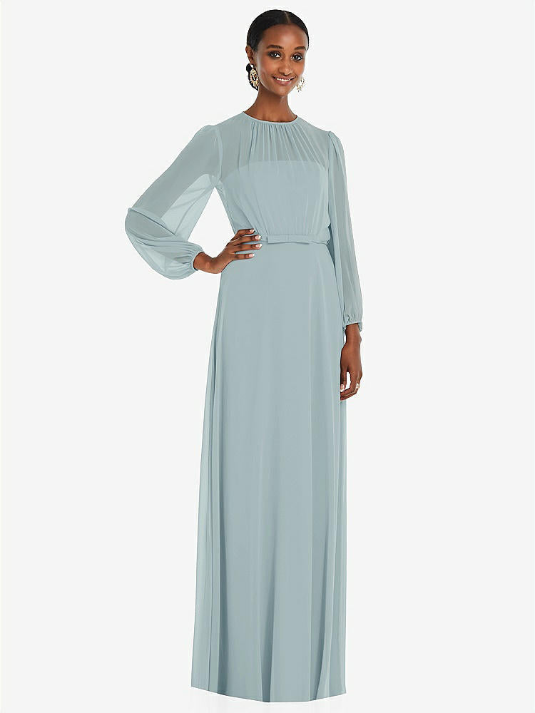 【NEW】【STYLE: 3098】ストラップレス シフォン マキシ ドレス パフ付き スリーブ ブルーソン オーバーレイ 【COLOR: Morning Sky】【SIZE: 00-30W】