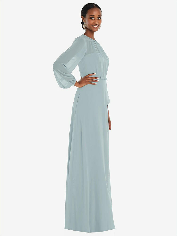 【NEW】【STYLE: 3098】ストラップレス シフォン マキシ ドレス パフ付き スリーブ ブルーソン オーバーレイ 【COLOR: Morning Sky】【SIZE: 00-30W】