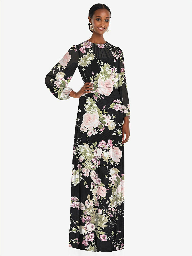 【STYLE: 3098】Strapless Chiffon Maxi Dress with Puff Sleeve Blouson Overlay 【COLOR: Noir Garden】
