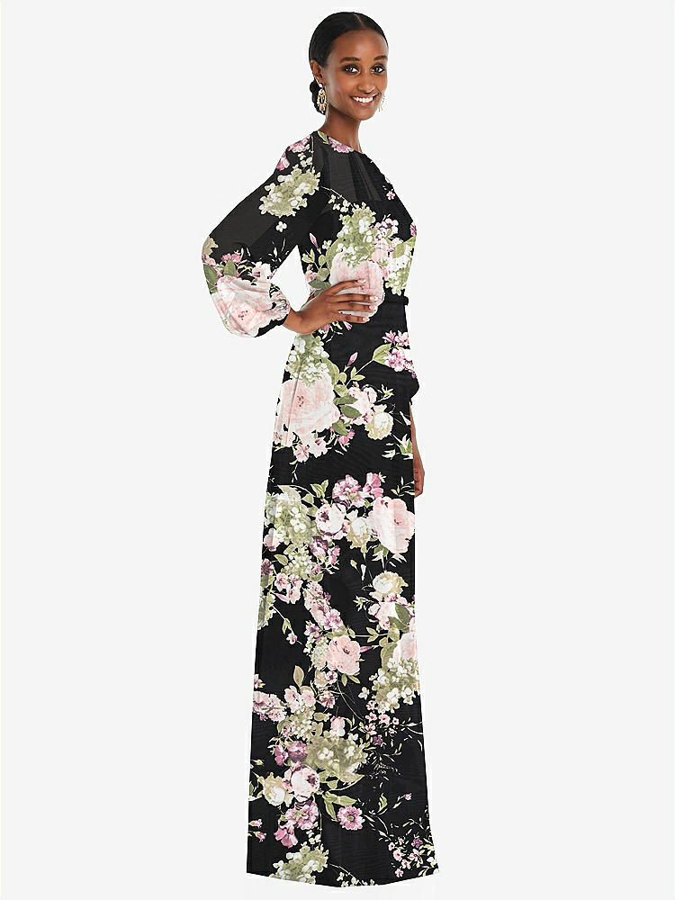 【STYLE: 3098】Strapless Chiffon Maxi Dress with Puff Sleeve Blouson Overlay 【COLOR: Noir Garden】