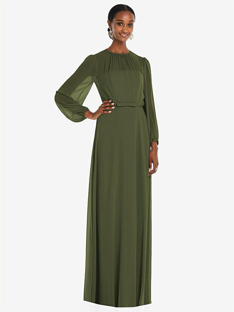 【NEW】【STYLE: 3098】ストラップレス シフォン マキシ ドレス パフ付き スリーブ ブルーソン オーバーレイ 【COLOR: Olive Green】【SIZE: 00-30W】