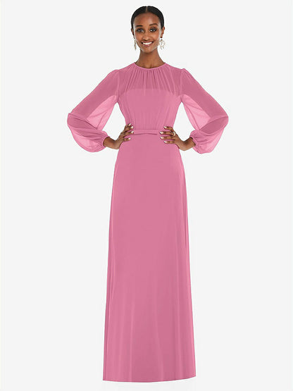 【NEW】【STYLE: 3098】ストラップレス シフォン マキシ ドレス パフ付き スリーブ ブルーソン オーバーレイ 【COLOR: Orchid Pink】【SIZE: 00-30W】