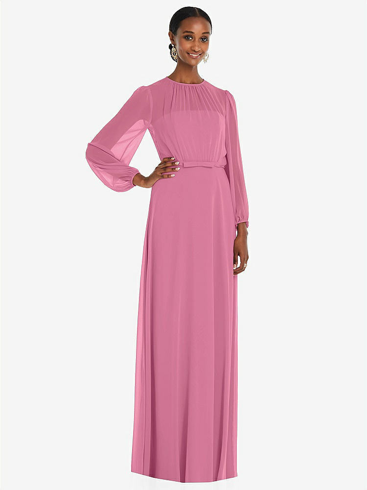 【STYLE: 3098】Strapless Chiffon Maxi Dress with Puff Sleeve Blouson Overlay 【COLOR: Orchid Pink】