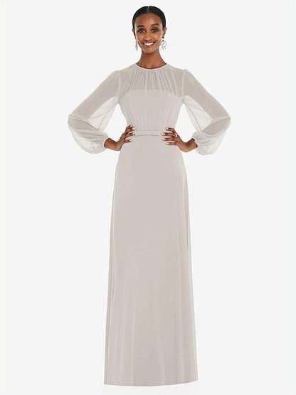 【STYLE: 3098】Strapless Chiffon Maxi Dress with Puff Sleeve Blouson Overlay 【COLOR: Oyster】