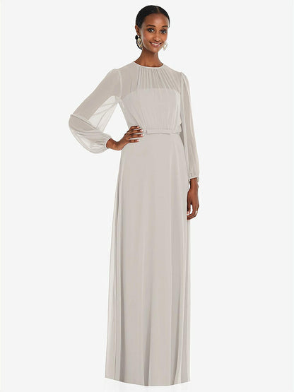 【STYLE: 3098】Strapless Chiffon Maxi Dress with Puff Sleeve Blouson Overlay 【COLOR: Oyster】