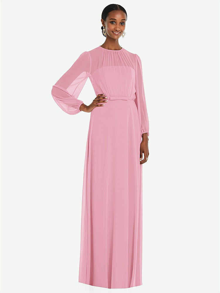 【NEW】【STYLE: 3098】ストラップレス シフォン マキシ ドレス パフ付き スリーブ ブルーソン オーバーレイ 【COLOR: Peony Pink】【SIZE: 00-30W】
