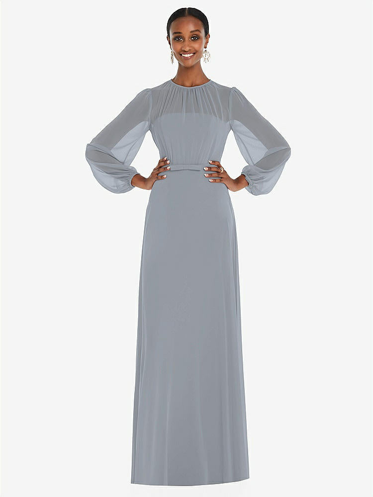 【STYLE: 3098】Strapless Chiffon Maxi Dress with Puff Sleeve Blouson Overlay 【COLOR: Platinum】
