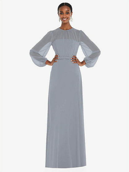 【STYLE: 3098】Strapless Chiffon Maxi Dress with Puff Sleeve Blouson Overlay 【COLOR: Platinum】