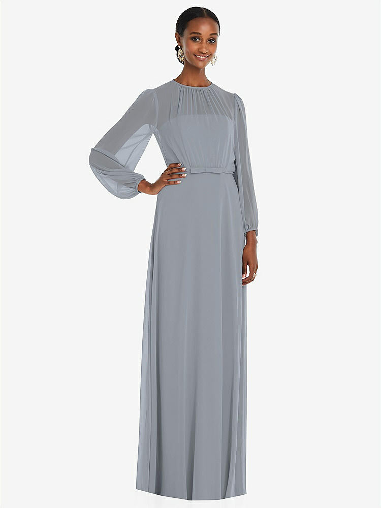 【STYLE: 3098】Strapless Chiffon Maxi Dress with Puff Sleeve Blouson Overlay 【COLOR: Platinum】