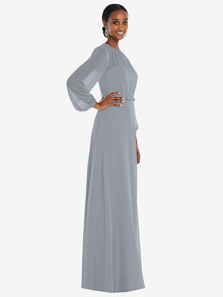【STYLE: 3098】Strapless Chiffon Maxi Dress with Puff Sleeve Blouson Overlay 【COLOR: Platinum】