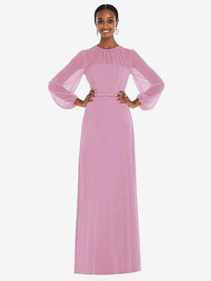 【NEW】【STYLE: 3098】ストラップレス シフォン マキシ ドレス パフ付き スリーブ ブルーソン オーバーレイ 【COLOR: Powder Pink】【SIZE: 00-30W】