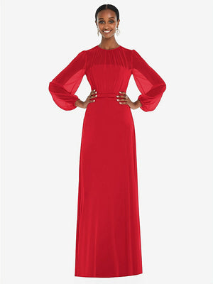 【STYLE: 3098】Strapless Chiffon Maxi Dress with Puff Sleeve Blouson Overlay 【COLOR: Parisian Red】