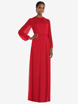 【STYLE: 3098】Strapless Chiffon Maxi Dress with Puff Sleeve Blouson Overlay 【COLOR: Parisian Red】