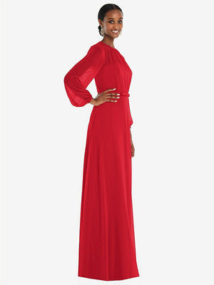 【STYLE: 3098】Strapless Chiffon Maxi Dress with Puff Sleeve Blouson Overlay 【COLOR: Parisian Red】