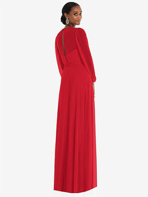 【STYLE: 3098】Strapless Chiffon Maxi Dress with Puff Sleeve Blouson Overlay 【COLOR: Parisian Red】