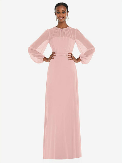 【STYLE: 3098】Strapless Chiffon Maxi Dress with Puff Sleeve Blouson Overlay 【COLOR: Rose - PANTONE Rose Quartz】