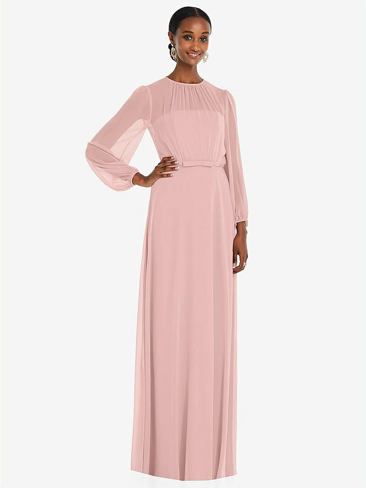【NEW】【STYLE: 3098】ストラップレス シフォン マキシ ドレス パフ付き スリーブ ブルーソン オーバーレイ 【COLOR: Rose - PANTONE Rose Quartz】【SIZE: 00-30W】