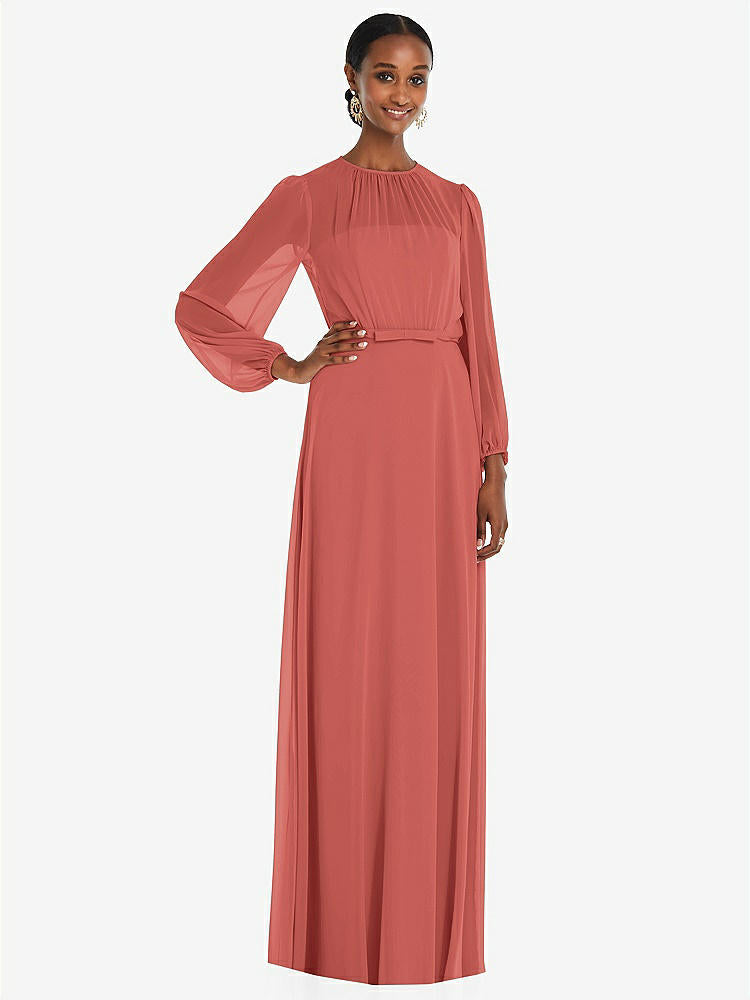 【NEW】【STYLE: 3098】ストラップレス シフォン マキシ ドレス パフ付き スリーブ ブルーソン オーバーレイ 【COLOR: Coral Pink】【SIZE: 00-30W】