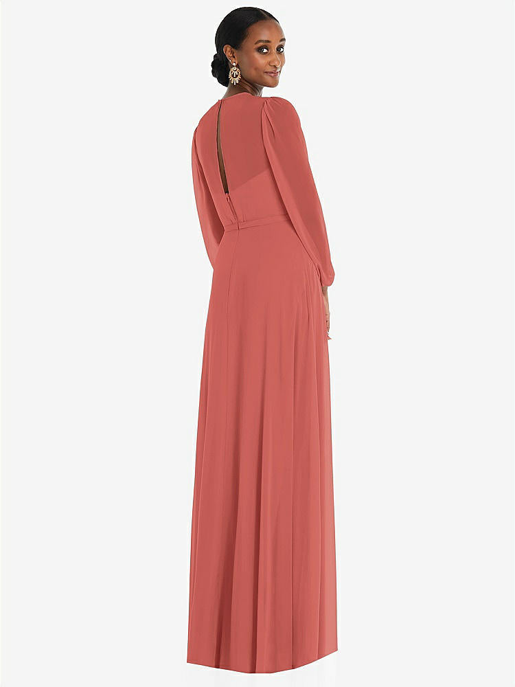 【NEW】【STYLE: 3098】ストラップレス シフォン マキシ ドレス パフ付き スリーブ ブルーソン オーバーレイ 【COLOR: Coral Pink】【SIZE: 00-30W】