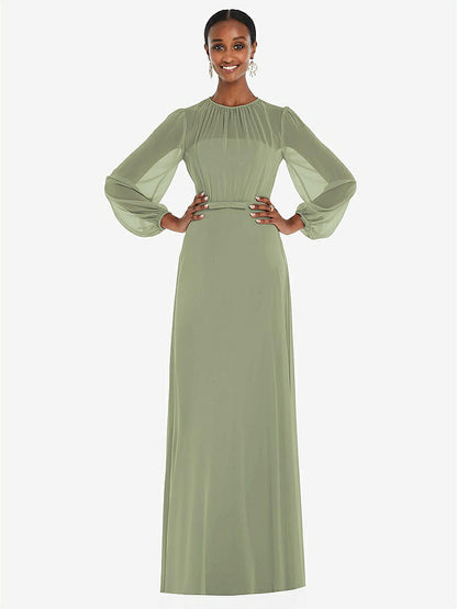 【STYLE: 3098】Strapless Chiffon Maxi Dress with Puff Sleeve Blouson Overlay 【COLOR: Sage】