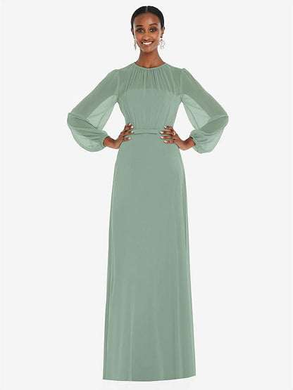 【STYLE: 3098】Strapless Chiffon Maxi Dress with Puff Sleeve Blouson Overlay 【COLOR: Seagrass】