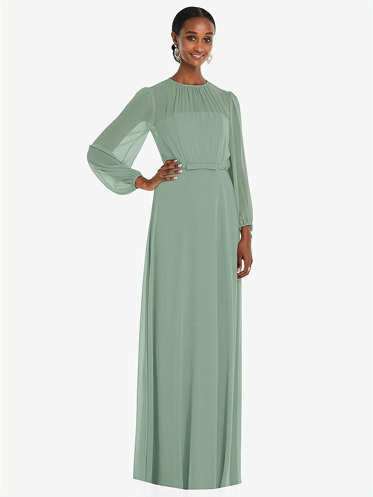 【NEW】【STYLE: 3098】ストラップレス シフォン マキシ ドレス パフ付き スリーブ ブルーソン オーバーレイ 【COLOR: Seagrass】【SIZE: 00-30W】