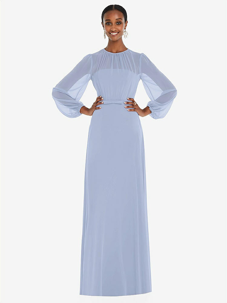 【NEW】【STYLE: 3098】ストラップレス シフォン マキシ ドレス パフ付き スリーブ ブルーソン オーバーレイ 【COLOR: Sky Blue】【SIZE: 00-30W】