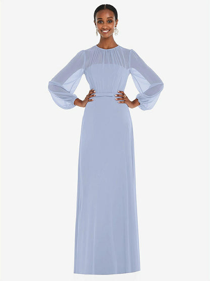【NEW】【STYLE: 3098】ストラップレス シフォン マキシ ドレス パフ付き スリーブ ブルーソン オーバーレイ 【COLOR: Sky Blue】【SIZE: 00-30W】