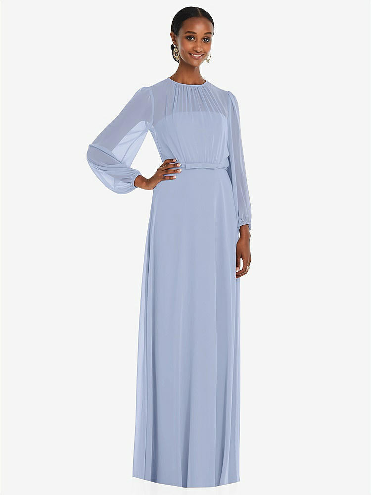 【NEW】【STYLE: 3098】ストラップレス シフォン マキシ ドレス パフ付き スリーブ ブルーソン オーバーレイ 【COLOR: Sky Blue】【SIZE: 00-30W】