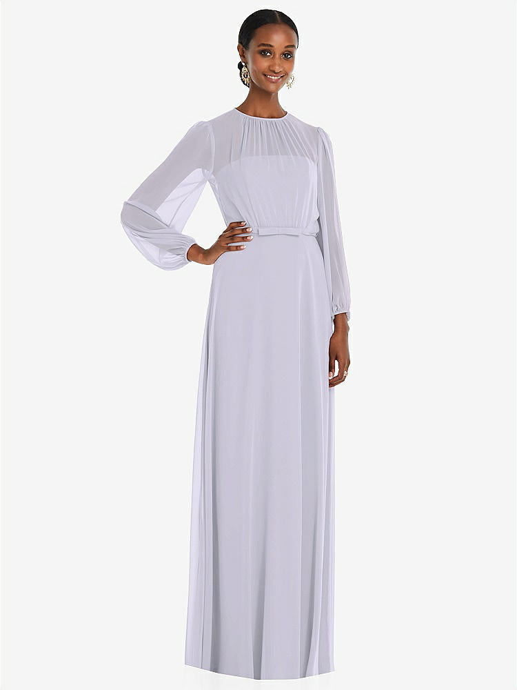 【NEW】【STYLE: 3098】ストラップレス シフォン マキシ ドレス パフ付き スリーブ ブルーソン オーバーレイ 【COLOR: Silver Dove】【SIZE: 00-30W】