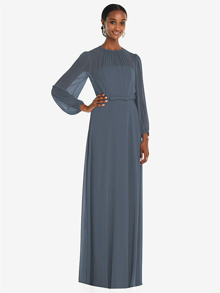 【STYLE: 3098】Strapless Chiffon Maxi Dress with Puff Sleeve Blouson Overlay 【COLOR: Silverstone】