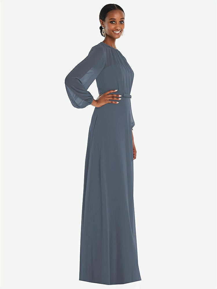 【STYLE: 3098】Strapless Chiffon Maxi Dress with Puff Sleeve Blouson Overlay 【COLOR: Silverstone】