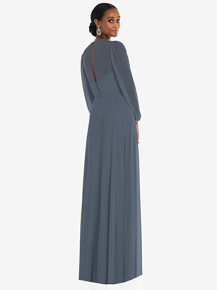 【STYLE: 3098】Strapless Chiffon Maxi Dress with Puff Sleeve Blouson Overlay 【COLOR: Silverstone】