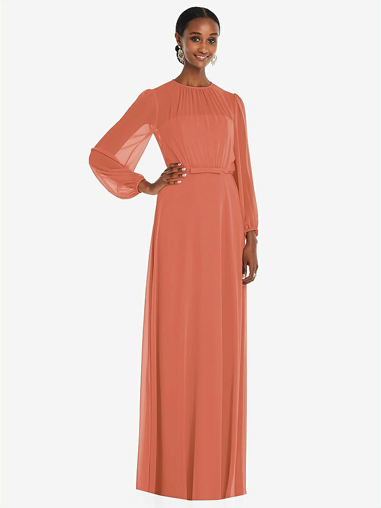 【NEW】【STYLE: 3098】ストラップレス シフォン マキシ ドレス パフ付き スリーブ ブルーソン オーバーレイ 【COLOR: Terracotta Copper】【SIZE: 00-30W】