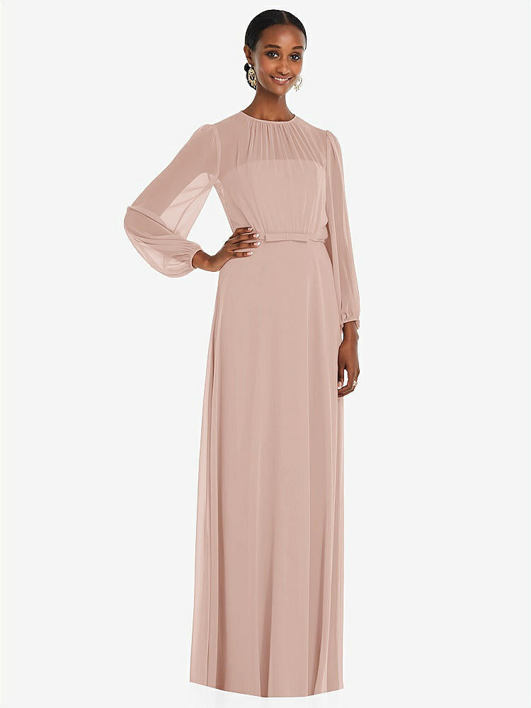 【NEW】【STYLE: 3098】ストラップレス シフォン マキシ ドレス パフ付き スリーブ ブルーソン オーバーレイ 【COLOR: Toasted Sugar】【SIZE: 00-30W】