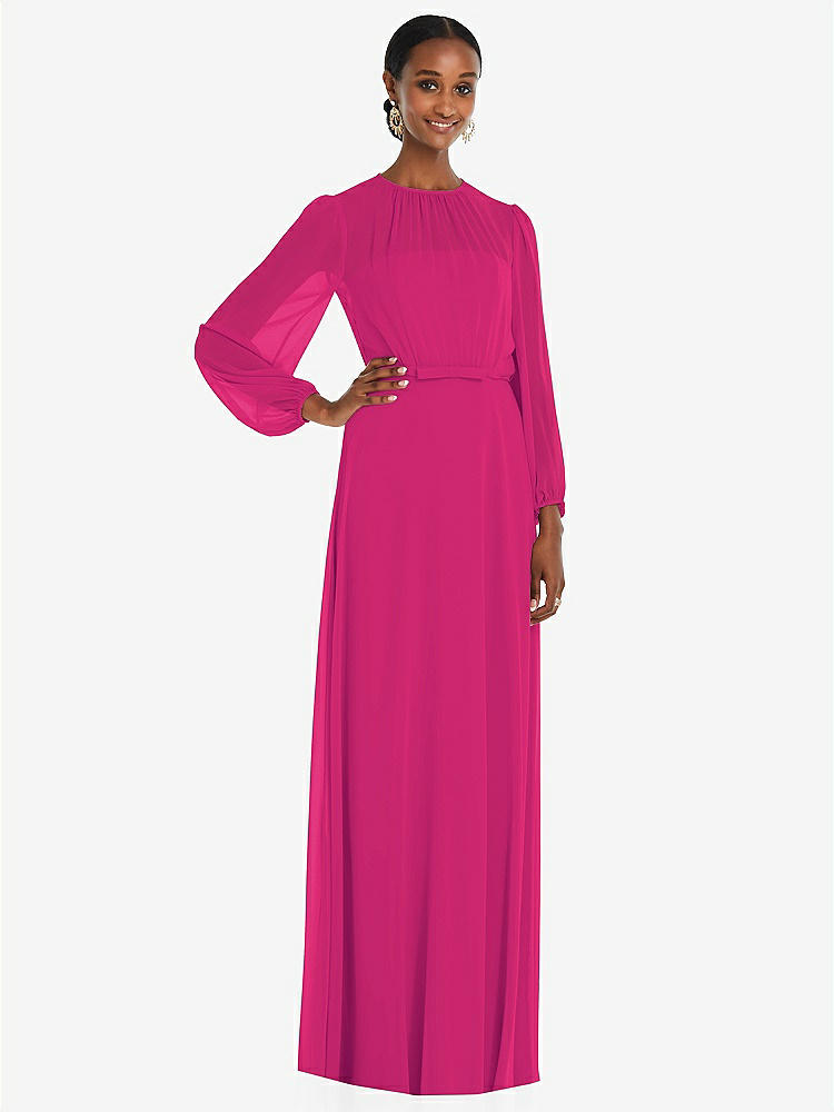 【NEW】【STYLE: 3098】ストラップレス シフォン マキシ ドレス パフ付き スリーブ ブルーソン オーバーレイ 【COLOR: Think Pink】【SIZE: 00-30W】