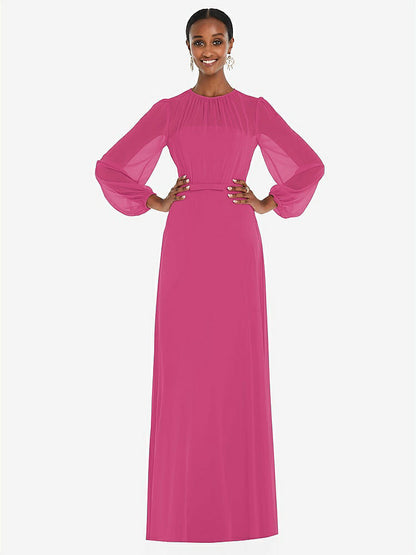 【STYLE: 3098】Strapless Chiffon Maxi Dress with Puff Sleeve Blouson Overlay 【COLOR: Tea Rose】